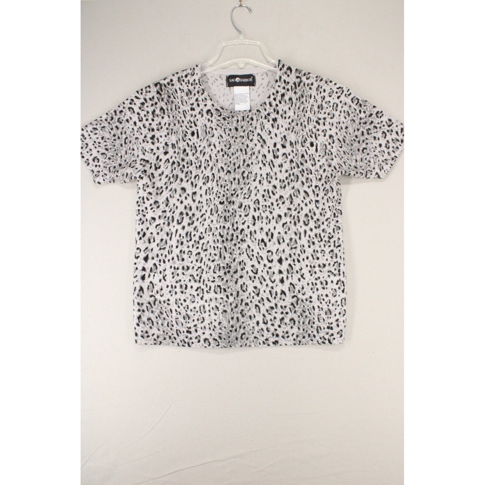Sag Harbor Sweater Top F13366SR Womens Medium Grey Leopard Print Acrylic Retro